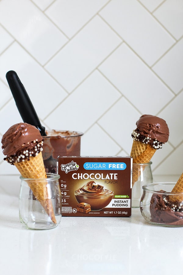 Sugar Free Chocolate Ice Cream Cone showing 3 cones with Simply Delish Chocolate Pudding