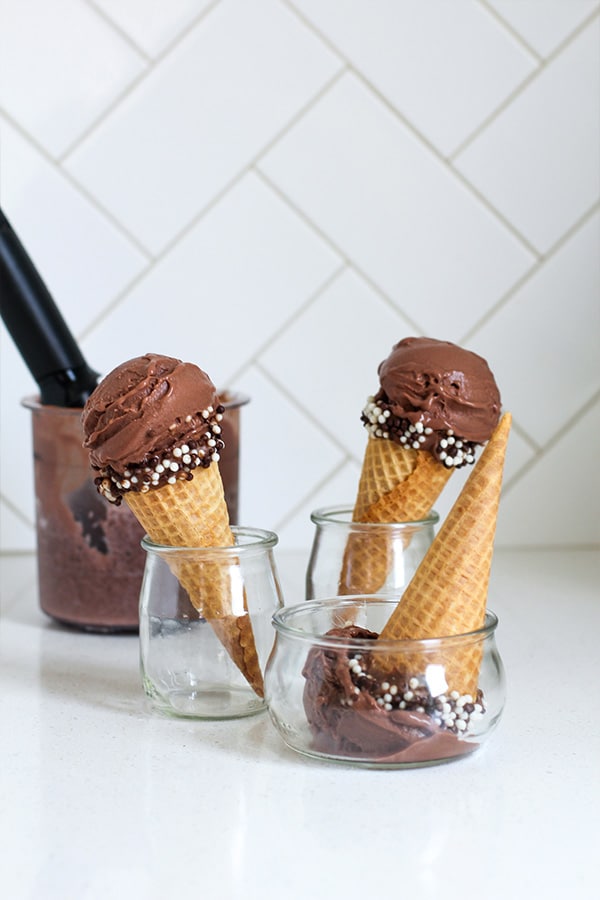 Sugar Free Chocolate Ice Cream Cone showing 3 cones with bowl