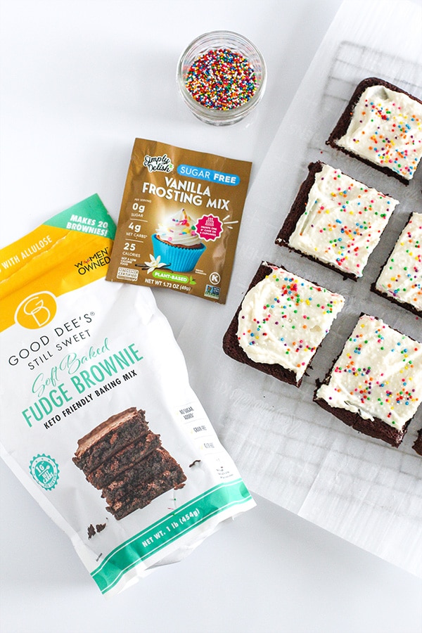 Keto Cosmic Brownies featured image with Simply Delish Vanilla Frosting Mix